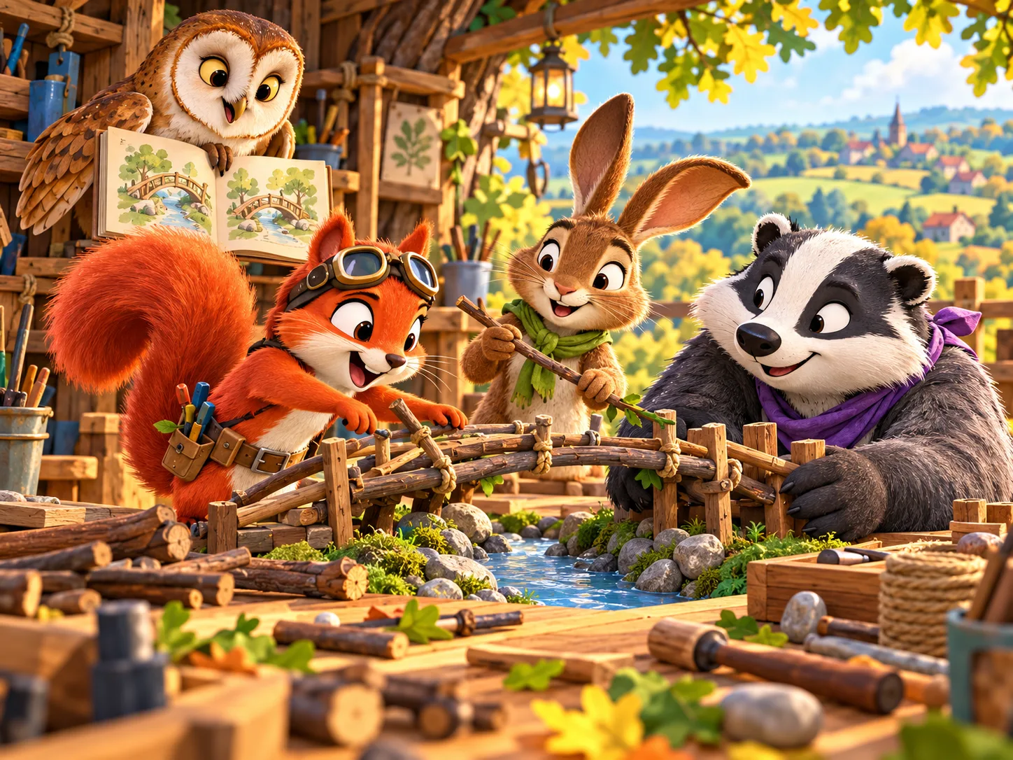 Woodland animals discovering and learning together